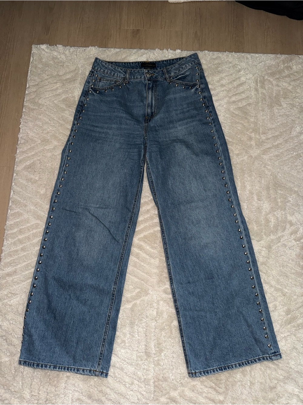 House of Harlow 1960 Blue Stud-Trim Wide-Leg Jeans